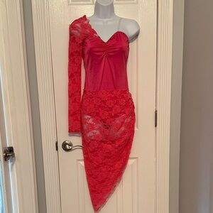Red Asymmetric Lace Bodycon Dress